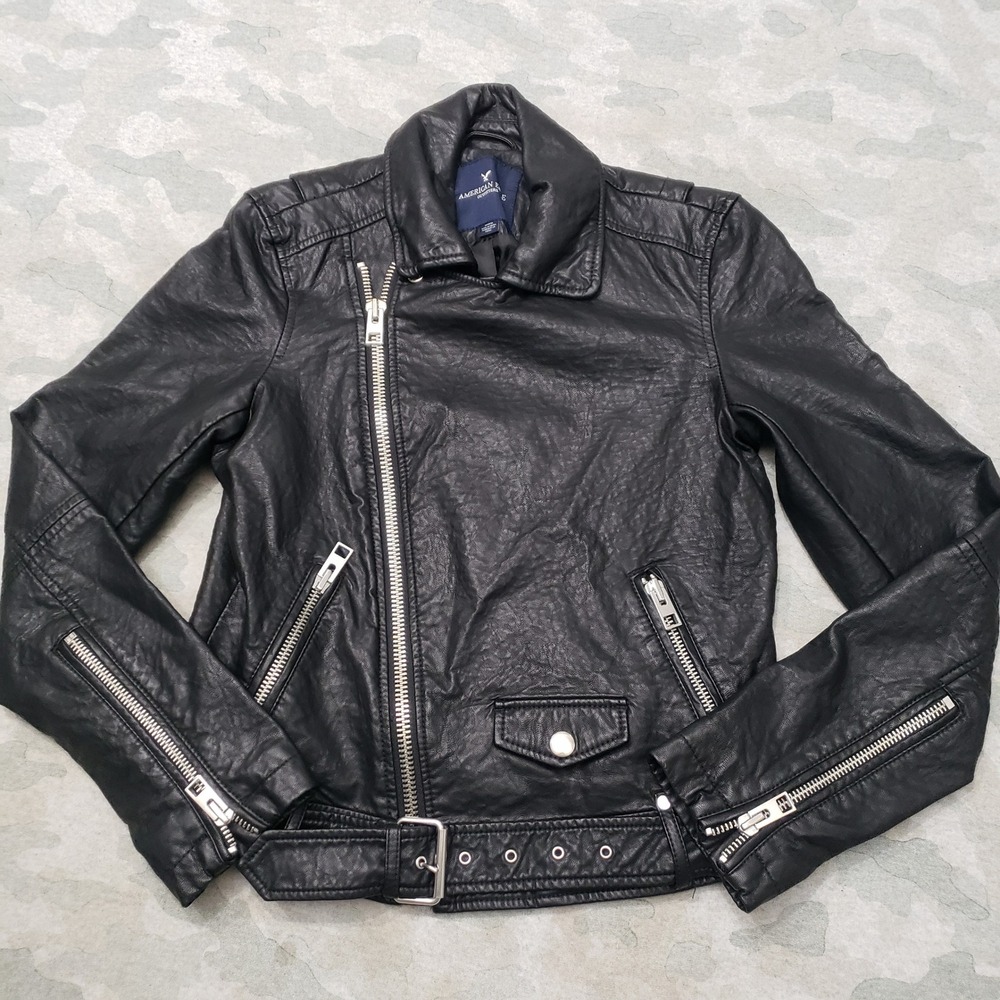 American Eagle Moto Jacket Womens Medium Black Faux Leather Biker Outdoors